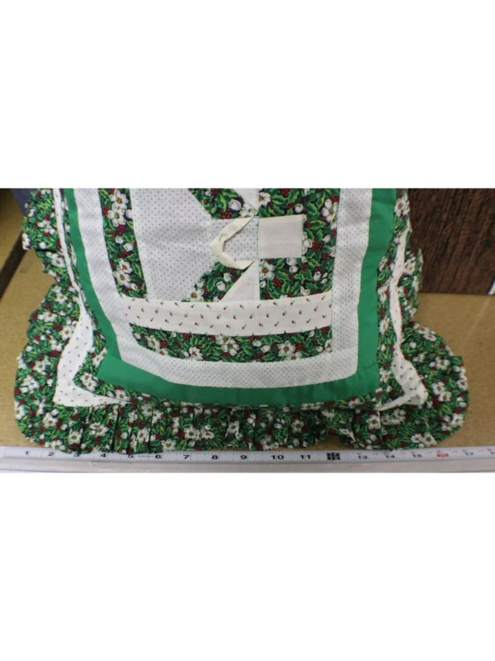 Set 2 Handmade Ruffled Quilted Throw Pillows Holiday Green White Holly Pattern